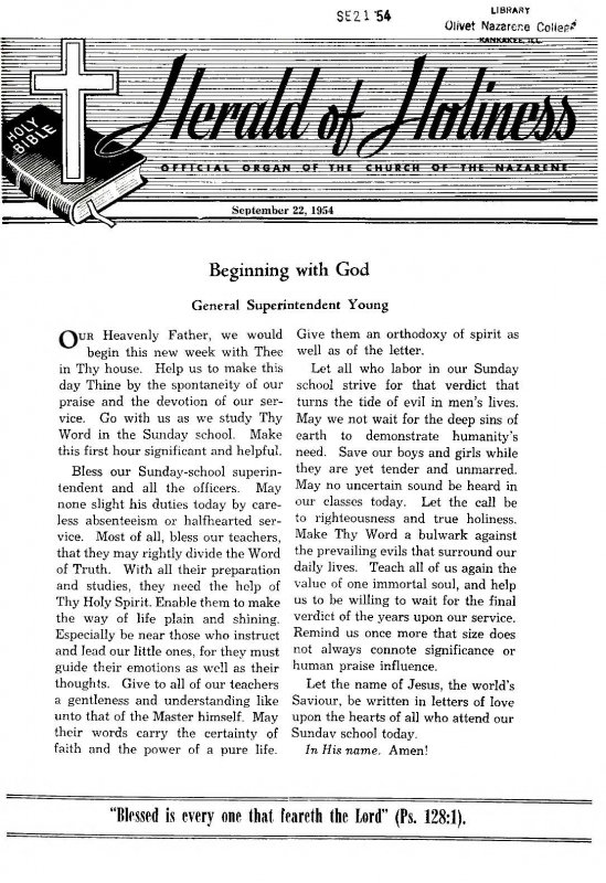 Title Page of Herald of Holiness - September 22, 1954