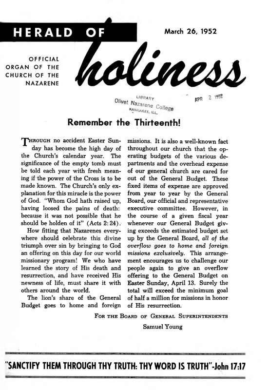 Title Page of Herald of Holiness - March 26, 1952