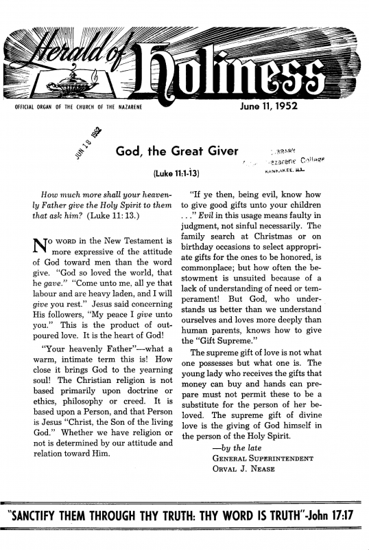 Title Page of Herald of Holiness - June 11, 1952