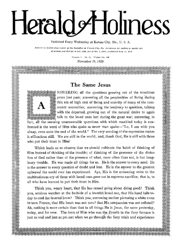 Title Page of Herald of Holiness - November 24, 1920
