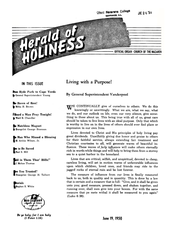 Cover page of Herald of Holiness - June 19, 1950