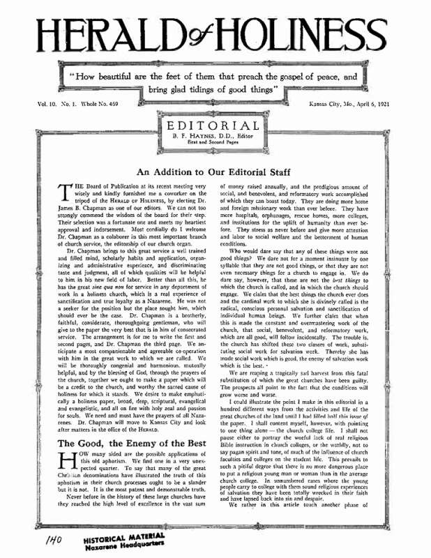 Cover of Herald of Holiness - April 6, 1921