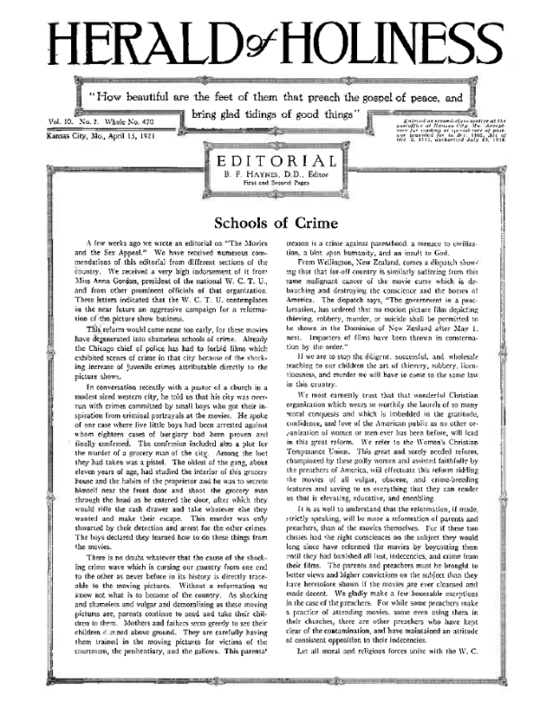 Title Page of Herald of Holiness - April 13, 1921