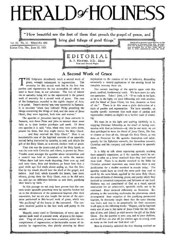 Title Page of Herald of Holiness - June 22, 1921