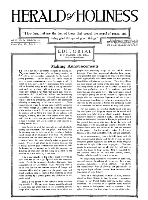 Title Page of Herald of Holiness - July 6, 1921