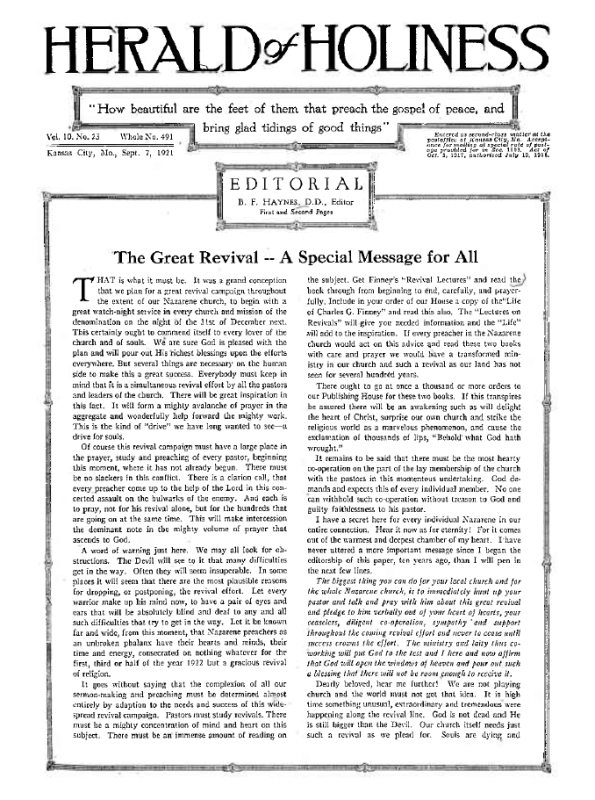 Title Page of Herald of Holiness - September 7, 1921
