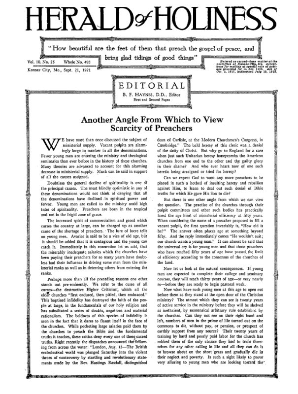 Front page of Herald of Holiness - September 21, 1921