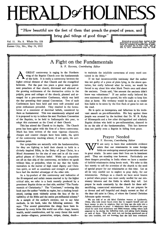 Front page of Herald of Holiness - May 24, 1922