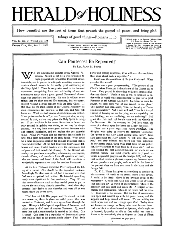 Front page of Herald of Holiness - April 11, 1923