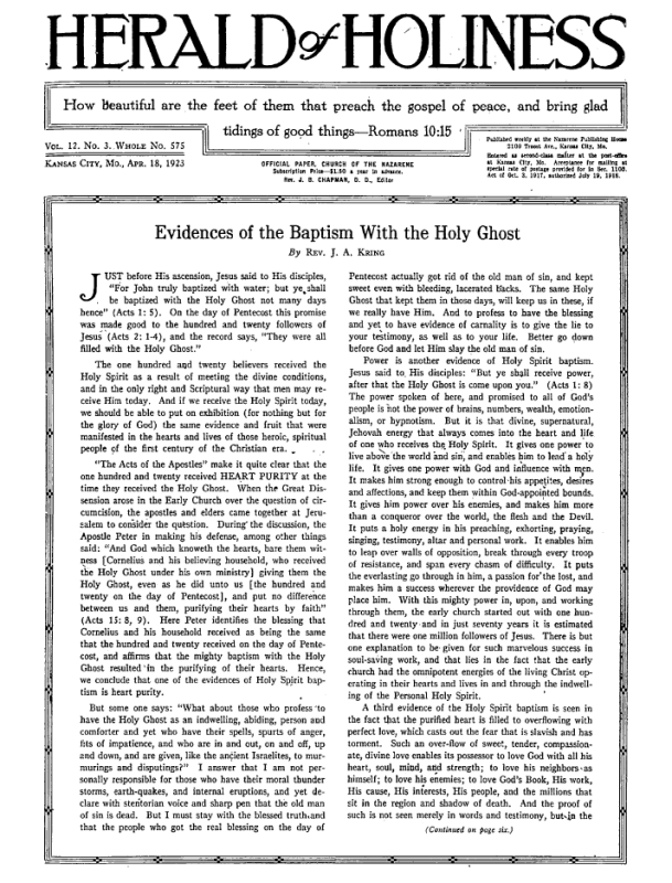 Front page of Herald of Holiness - April 18, 1923