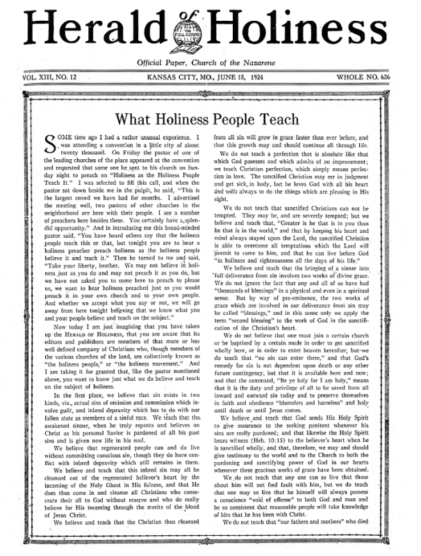 Front page of Herald of Holiness - June 18, 1924