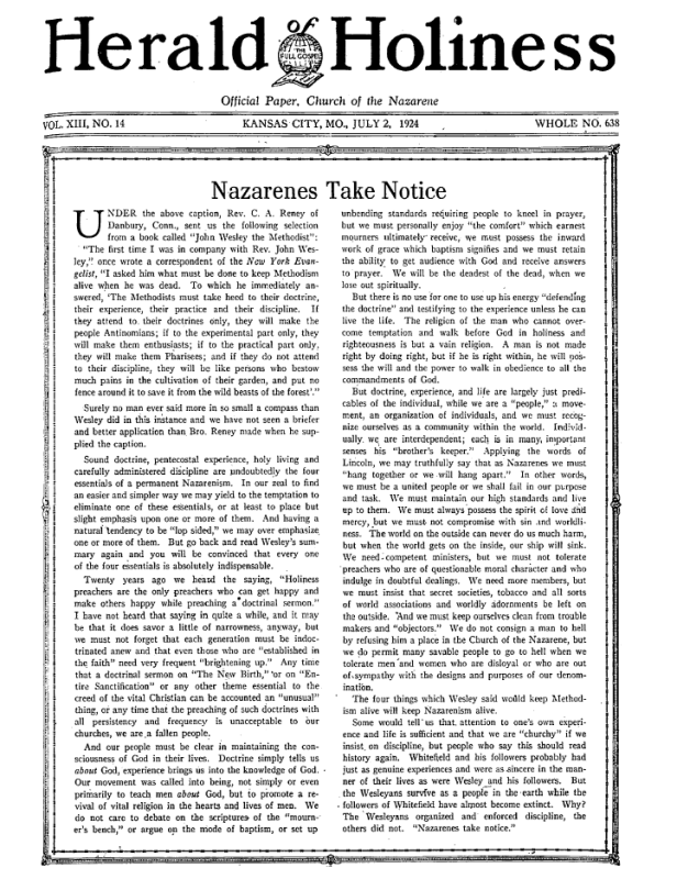 Front page of Herald of Holiness - July 2, 1924