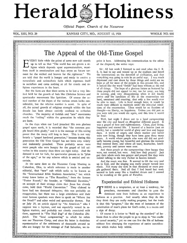 Front page of Herald of Holiness - August 13, 1924