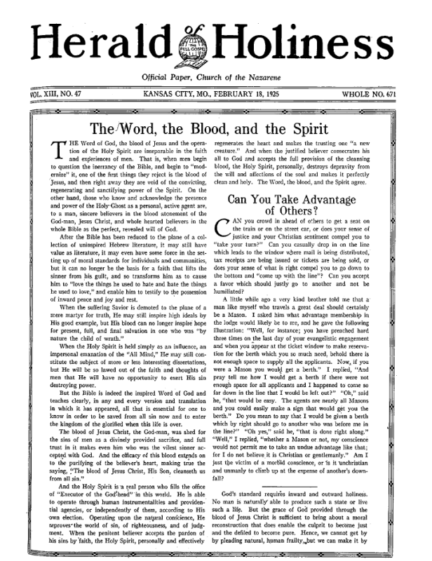 Front page of Herald of Holiness - February 18, 1925