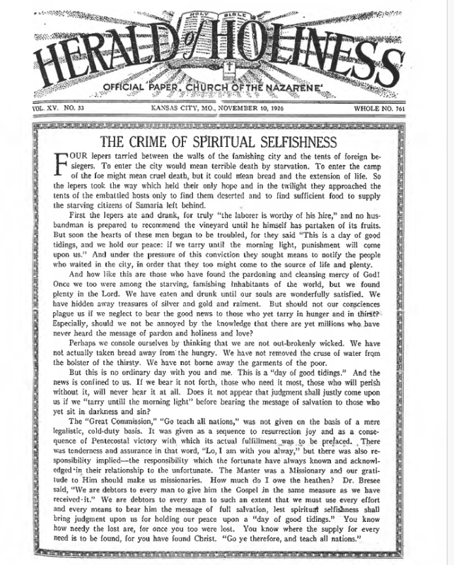 Front page of Herald of Holiness - November 10, 1926