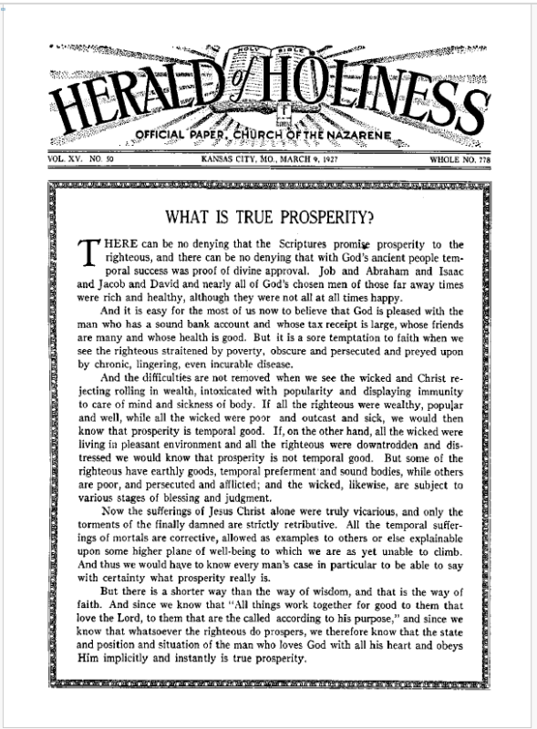 Front page of Herald of Holiness - March 9, 1927