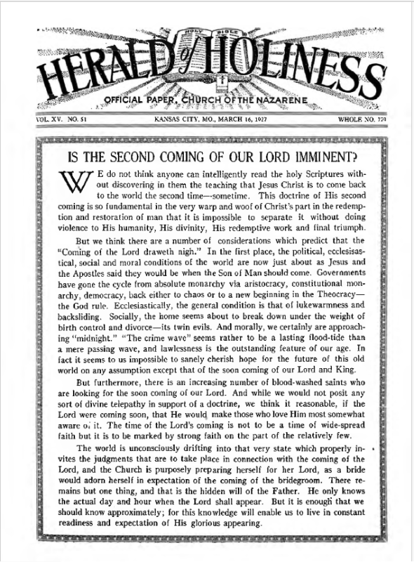 Front page of Herald of Holiness - March 16, 1927