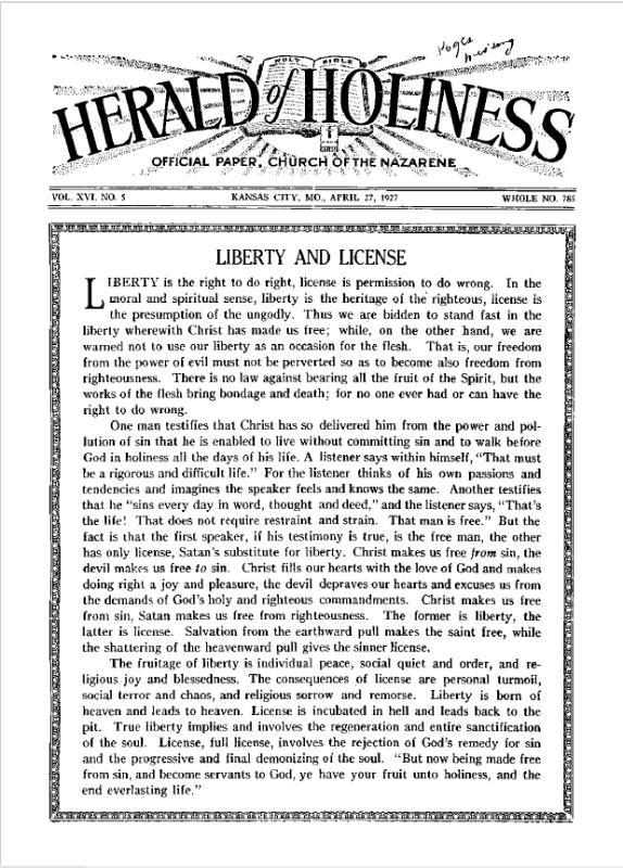 Front page of Herald of Holiness - April 27, 1927