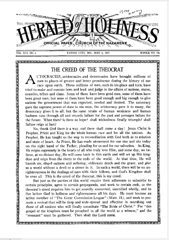 Front page of Herald of Holiness - May 4, 1927