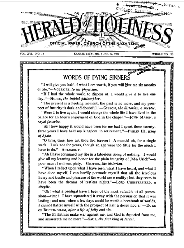 Front page of Herald of Holiness - June 22, 1927