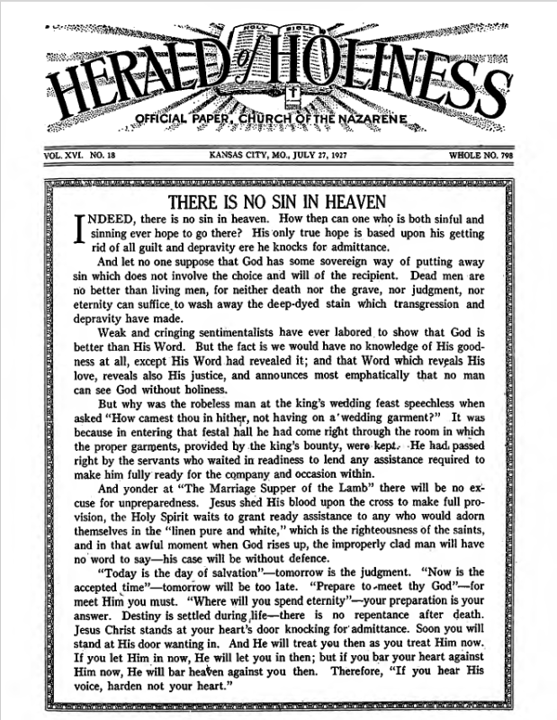 Front page of Herald of Holiness - July 27, 1927