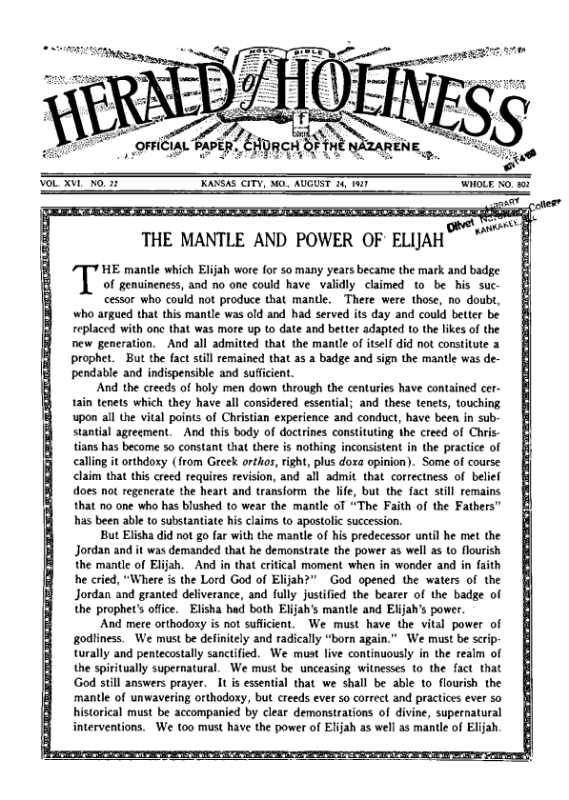 Front page of Herald of Holiness - August 24, 1927