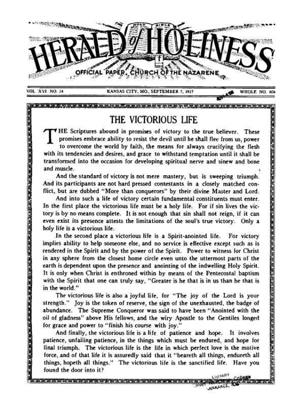 Front page of Herald of Holiness - September 7, 1927