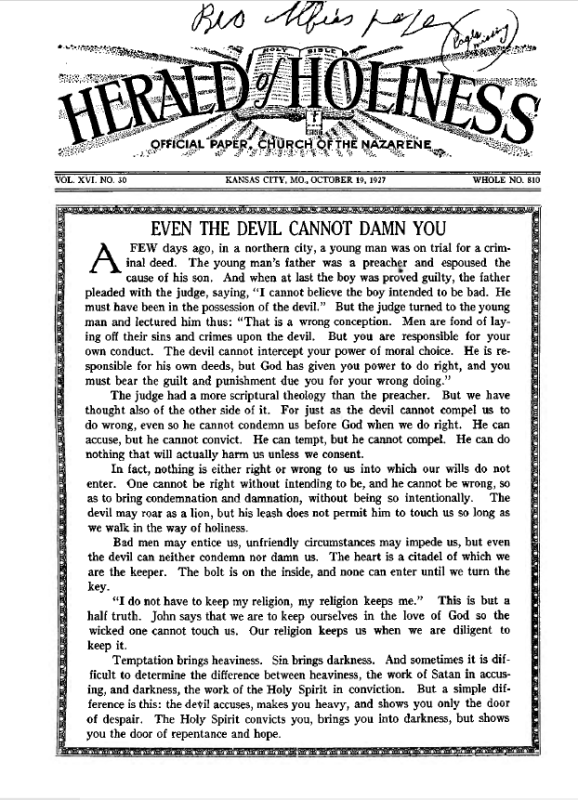 Front page of Herald of Holiness - October 19, 1927