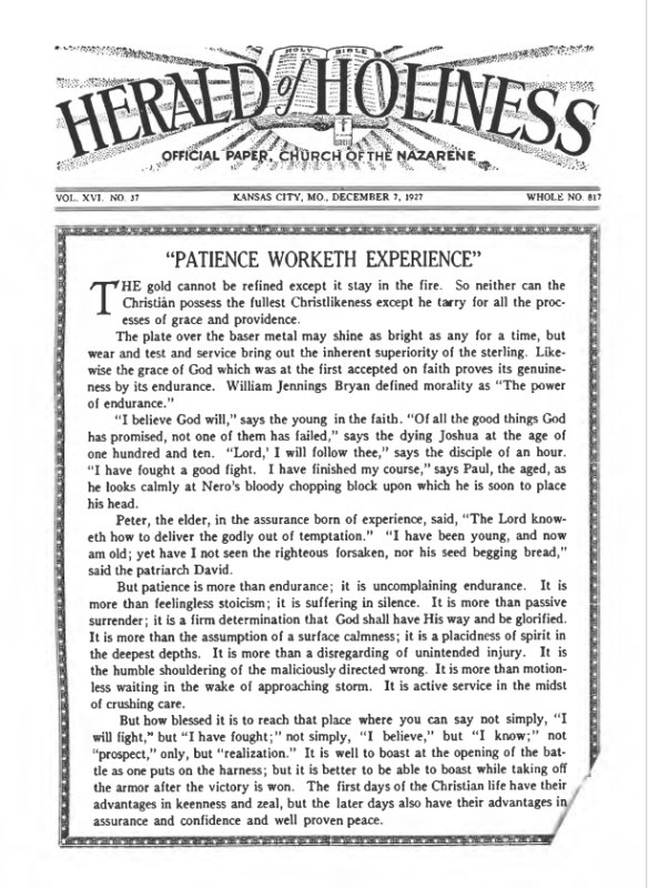 Front page of Herald of Holiness - December 7, 1927