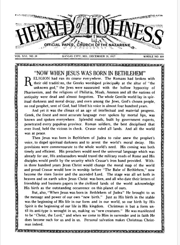 Front page of Herald of Holiness - December 21, 1927