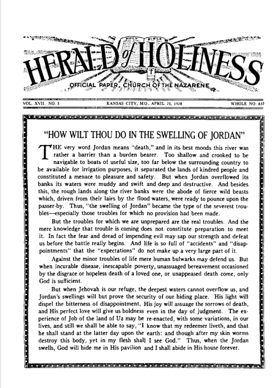 Front page of Herald of Holiness - April 25, 1928